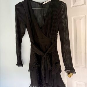 Women's Black Long-Sleeve Wrap Dress with Ruffle Hem